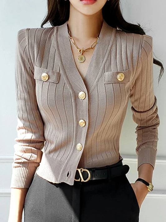 Korean Chic V-Neck Knitted Cardigan Sweater For Women Casual Basic Long Sleeve Cardigans Autumn Vintage Sweaters