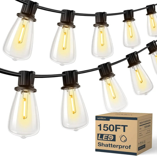 150FT LED Outdoor String Lights Waterproof Patio Lights Shatterproof ST38 Replaceable Bulbs Dimmable