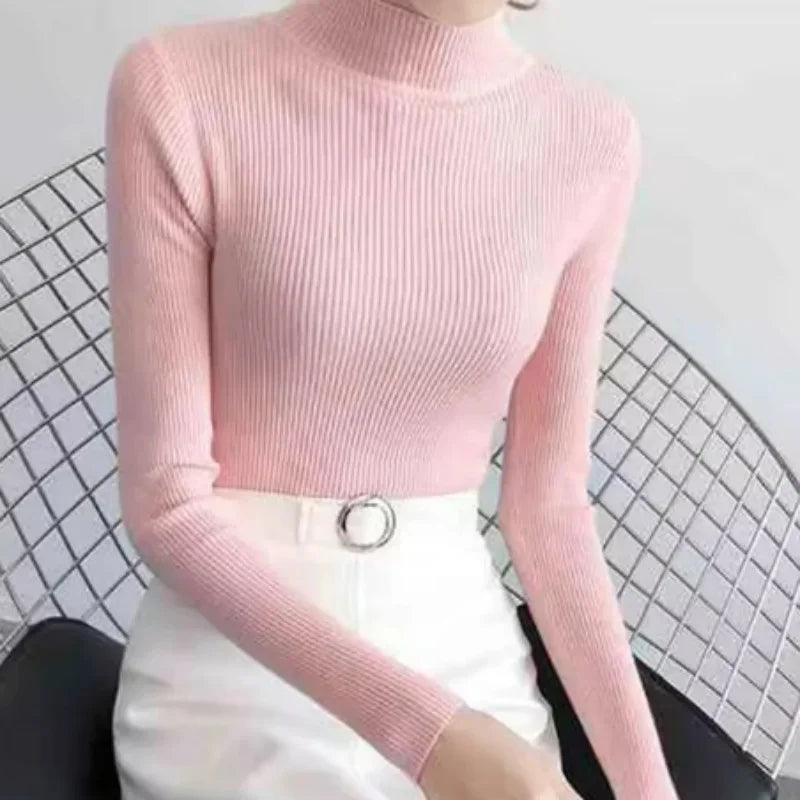Autumn Winter Mock Neck Women Sweater Vintage Basic Solid Knitted Tops Casual Slim Pullover Sweaters