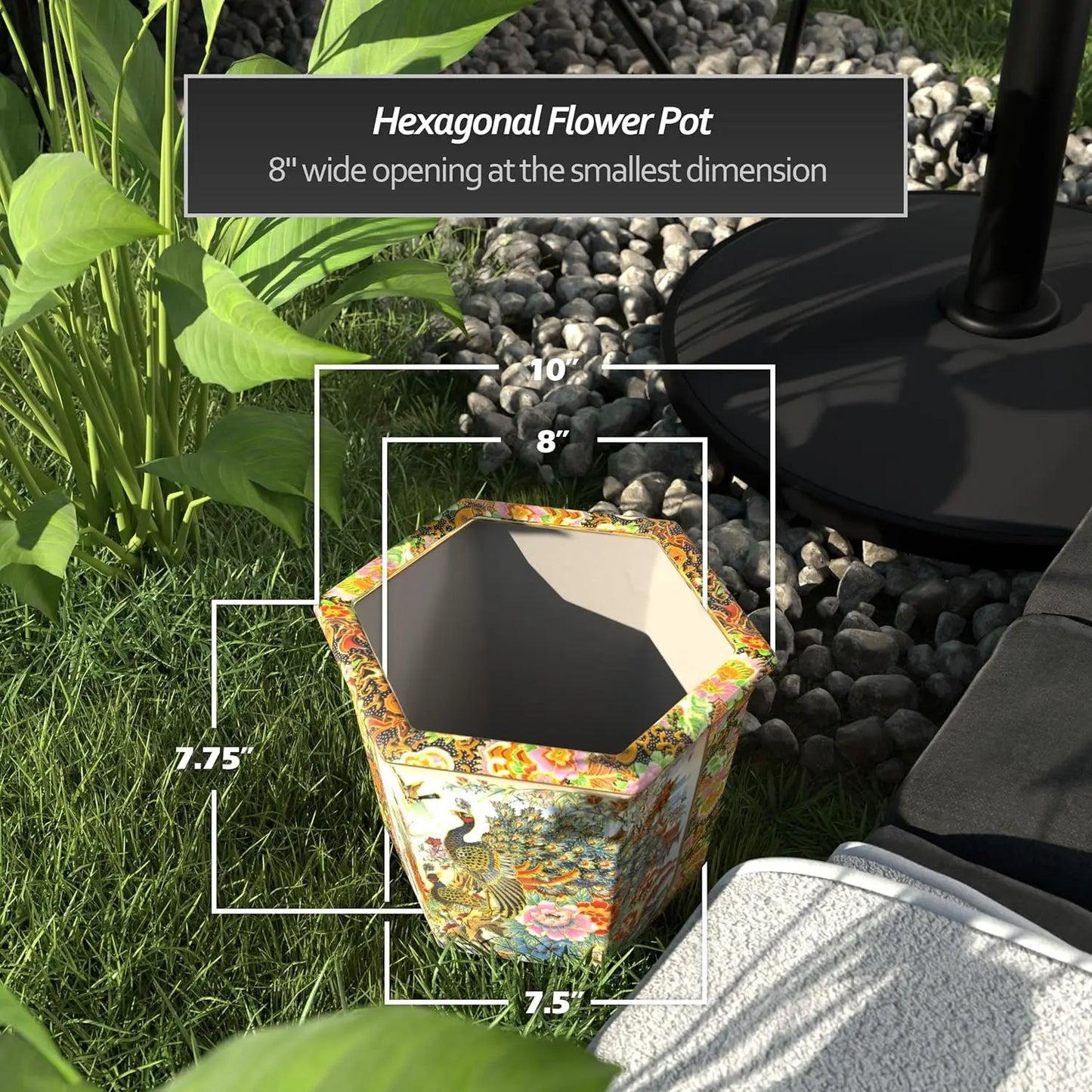 10" Hexagonal Porcelain Flower Pot with Hand-Painted Peacock & Floral Design, Indoor/Outdoor Plant Decor