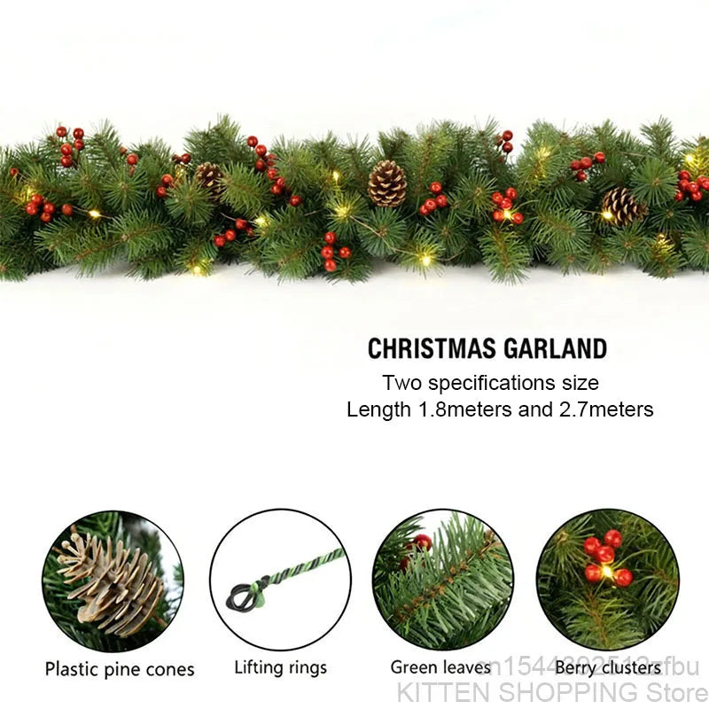 2.7M Christmas Garland, Glow Wreath with Pinecones Red Berries Artificial Christmas Garland