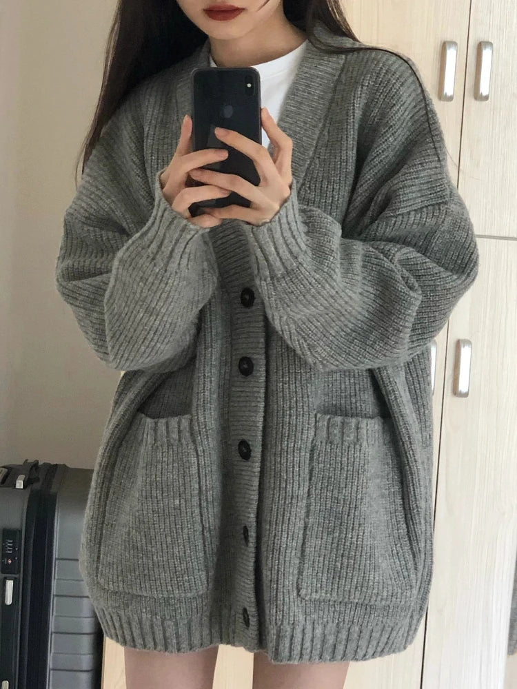 Autumn Winter Women Cardigan Sweater Coats Fashion Long Sleeve V-neck Loose Knitted Jackets Casual Sweater Cardigans