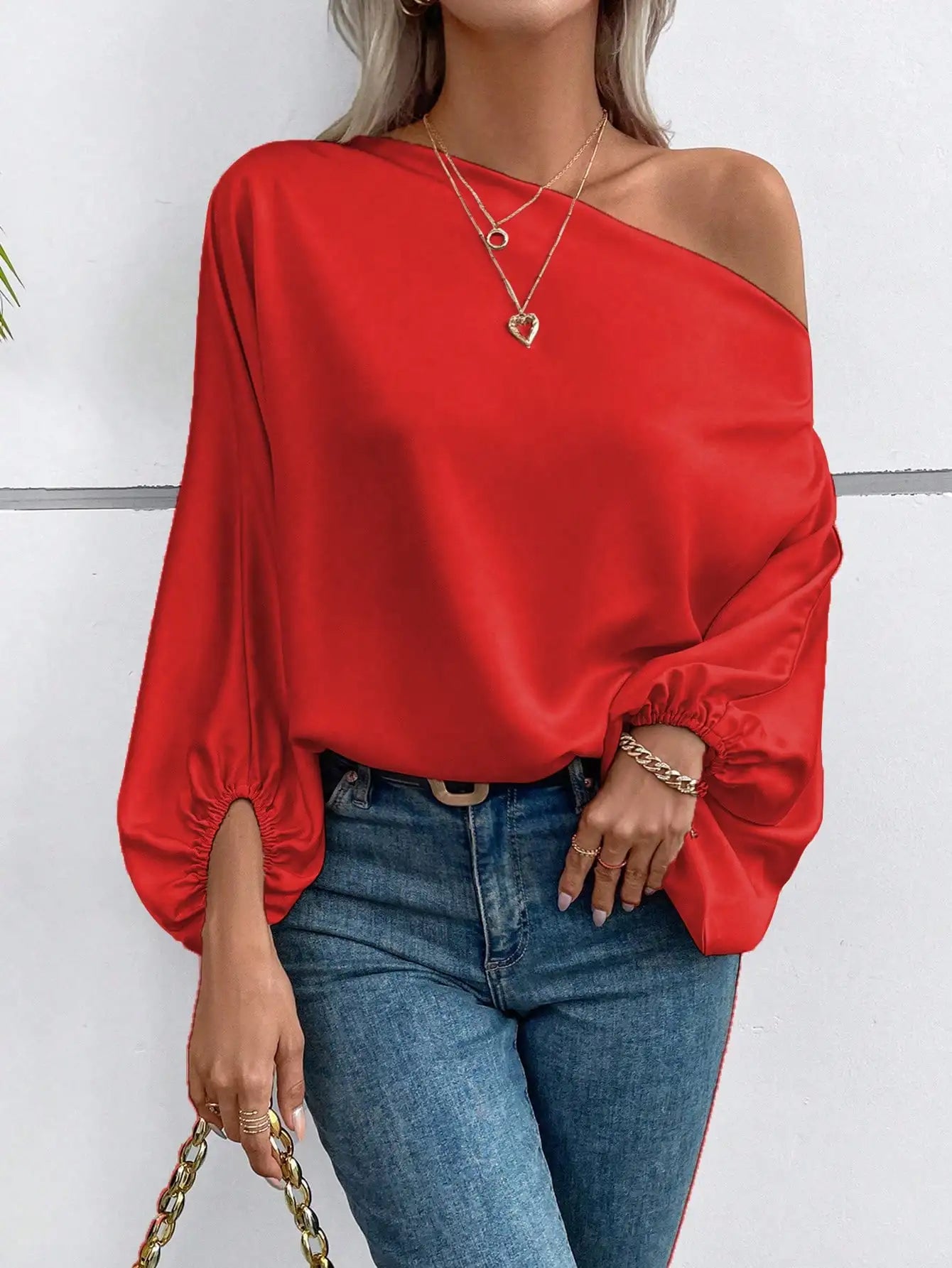 Red Asymmetric One Shoulder Blouse with Lantern Sleeves for Women Casual Wear