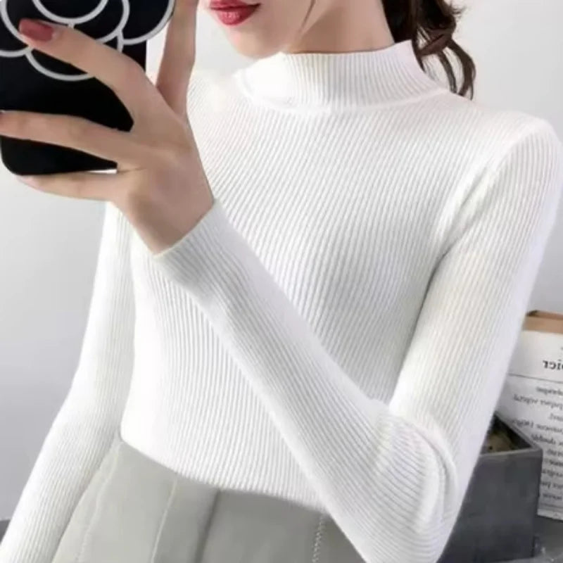 Autumn Winter Mock Neck Women Sweater Vintage Basic Solid Knitted Tops Casual Slim Pullover Sweaters
