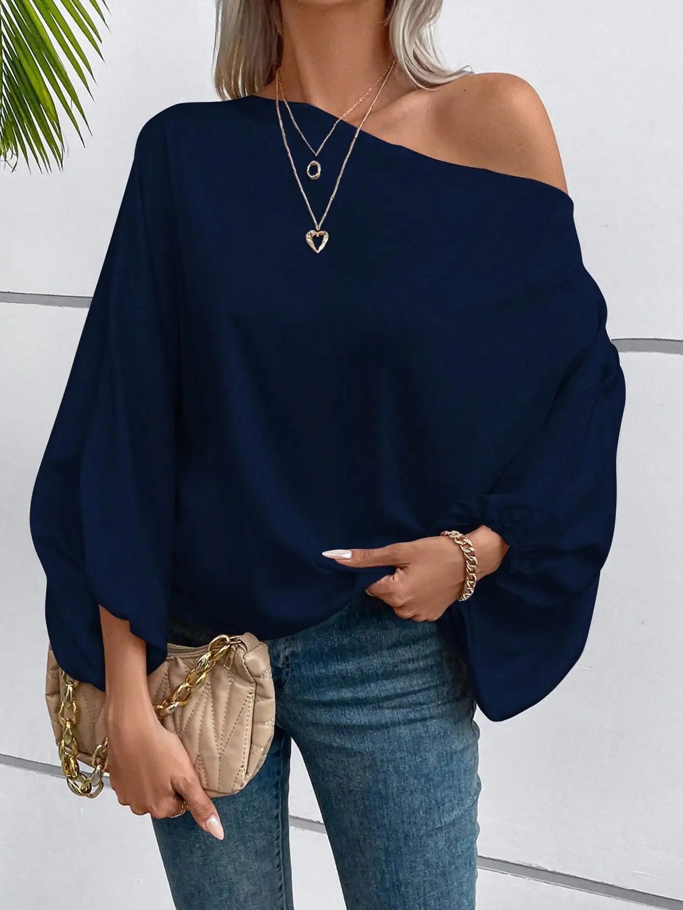 Red Asymmetric One Shoulder Blouse with Lantern Sleeves for Women Casual Wear