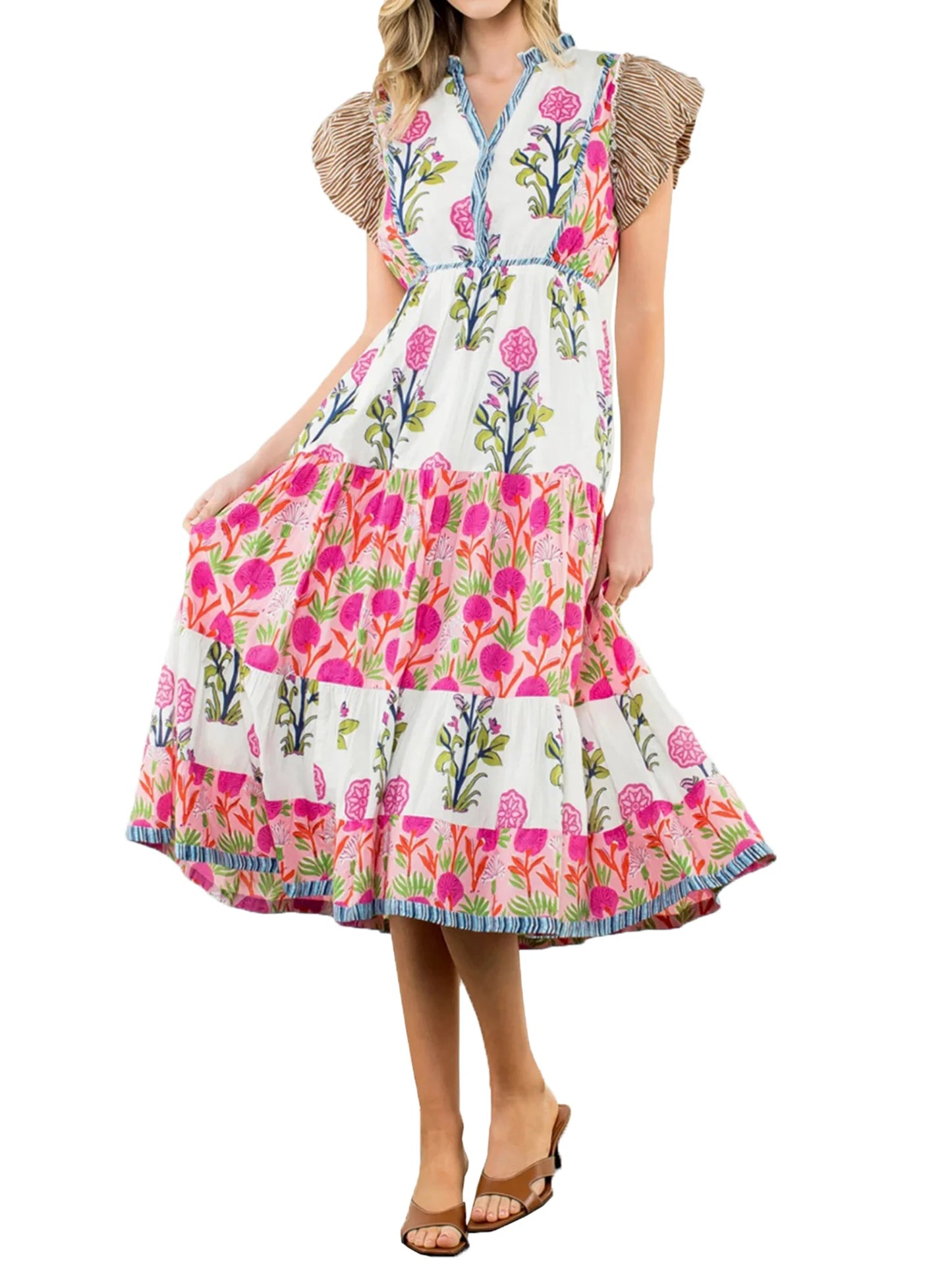 Elegant Boho Style Maxi Dress with Ruffle Sleeves and V-Neckline