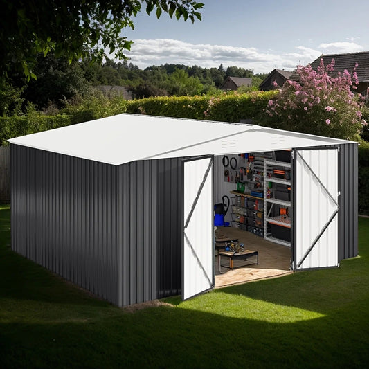 Galvanized Steel Storage Shed Heavy Duty Lockable Hasp Door Black/White Roof Garden Tool Shed for Backyard Patio
