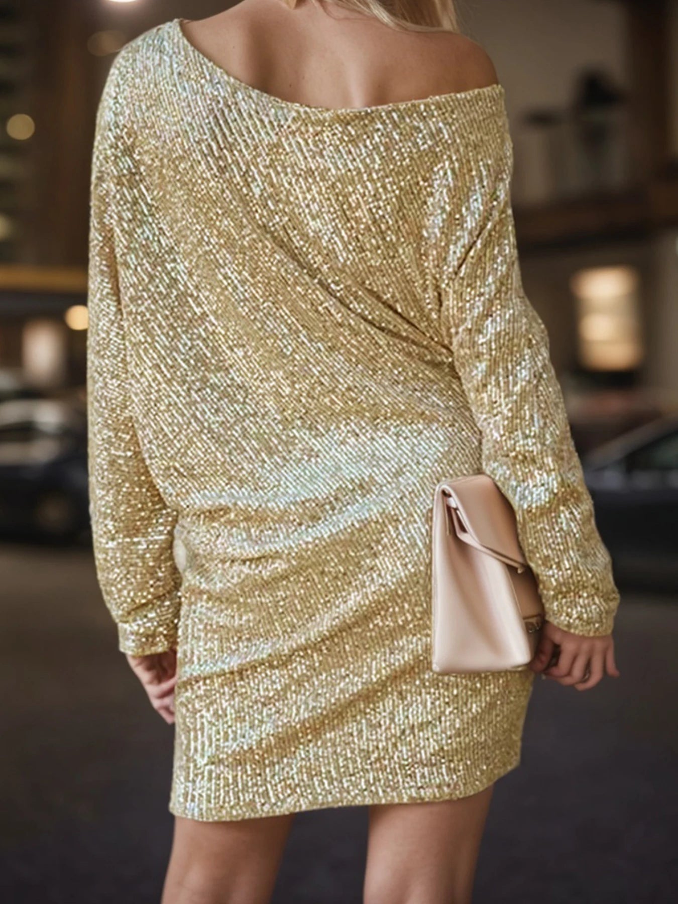 Shiny V-Neck Loose Shoulder Dress, Elegant Long Sleeved Mini Skirt, Suitable for Spring and Autumn, Parties