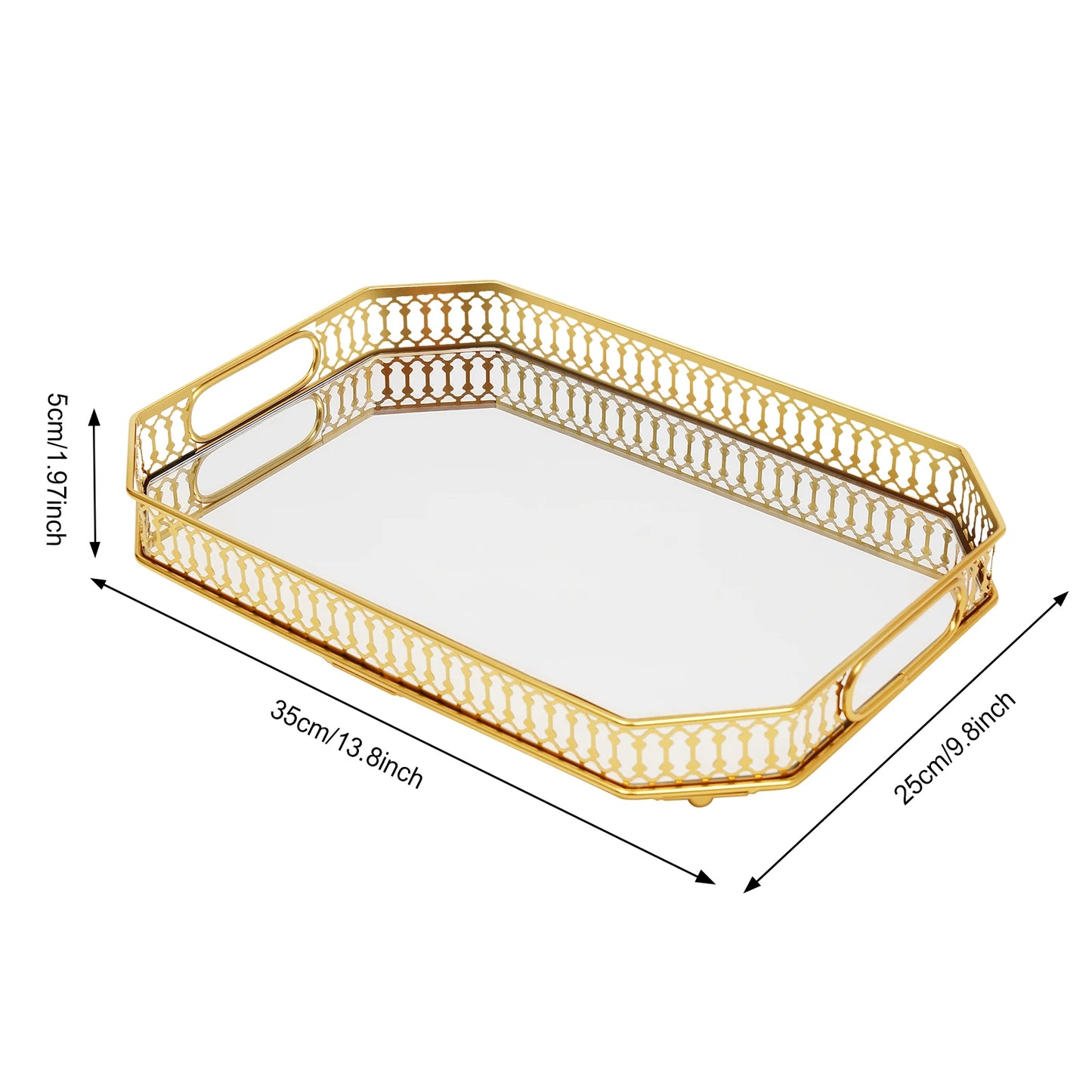 Gold Decorative Tray Rectangular Desktop Serving Vanity Tray Modern Iron Glass Electroplated Tabletop