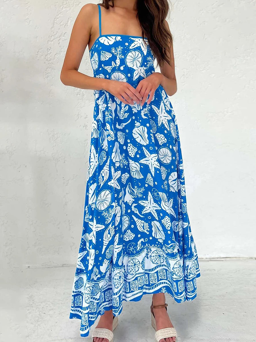 Elegant Floral Print Sleeveless Maxi Dress with Adjustable Spaghetti Straps