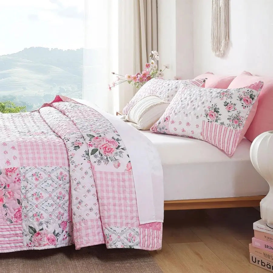 Quilt Sets Queen Size Floral Quilt Set 3 Pieces Bedding Set Bedspreads Pink Comforter Blanket with 2 Pillow Cases Ultra Soft Flo