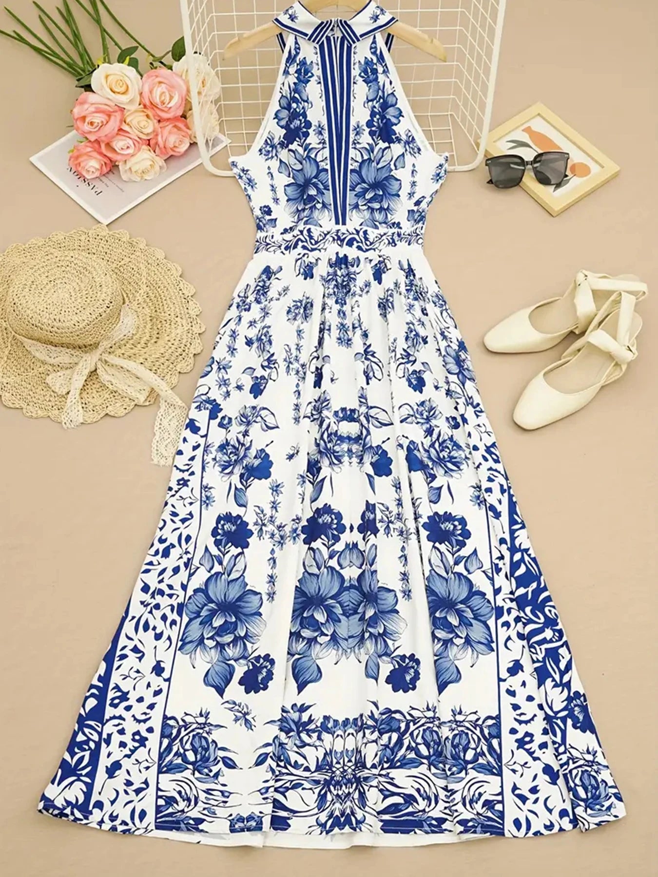 New Blue and White Floral Print Women's Long A-Line Dress, Open Chest Collar and Waist-Cinching Elegant Dress