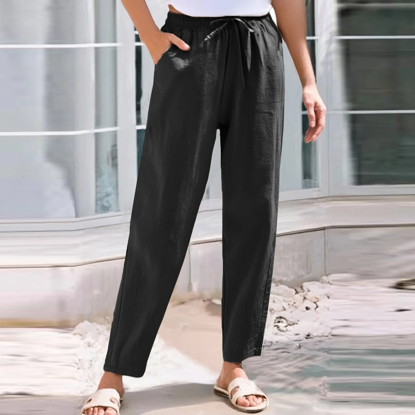 Women Cropped Pants Cotton Linen Baggy Trousers