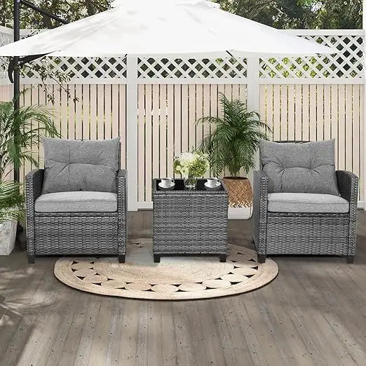 3 Pieces Patio Furniture Set Outdoor Furniture Rattan Wicker Chairs and Table Set, Washable Cushions Tempered Glass Coffee Table