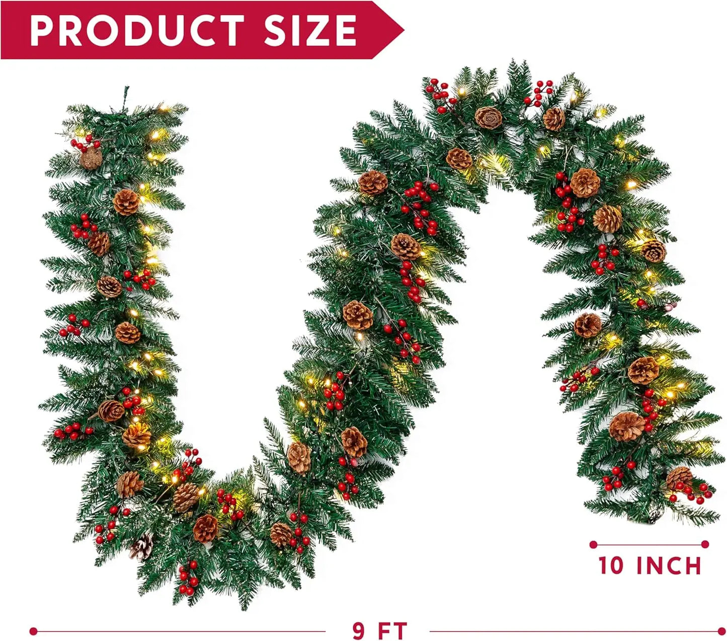 JOYFY 9Ft Artificial Christmas Garland Prelit with LED Lights 27 Pine Cones 27 Red Berries for Home Office Christmas Decorations