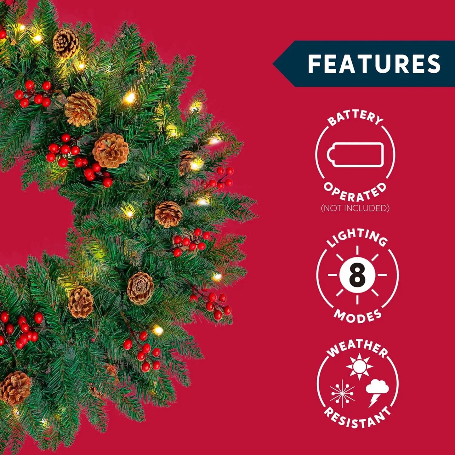 JOYFY 9Ft Artificial Christmas Garland Prelit with LED Lights 27 Pine Cones 27 Red Berries for Home Office Christmas Decorations