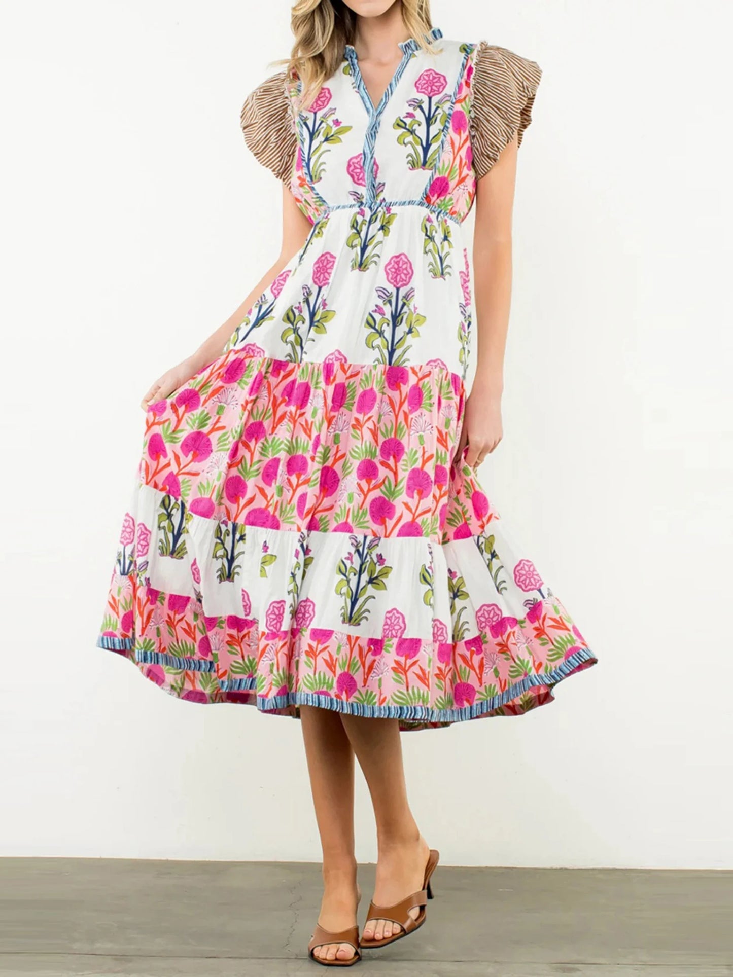 Elegant Boho Style Maxi Dress with Ruffle Sleeves and V-Neckline