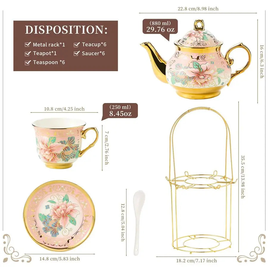 Pieces Porcelain Tea Set With Metal Holder, European Ceramic tea set for adults,Flower Tea Set,Tea Set With Flower Pai
