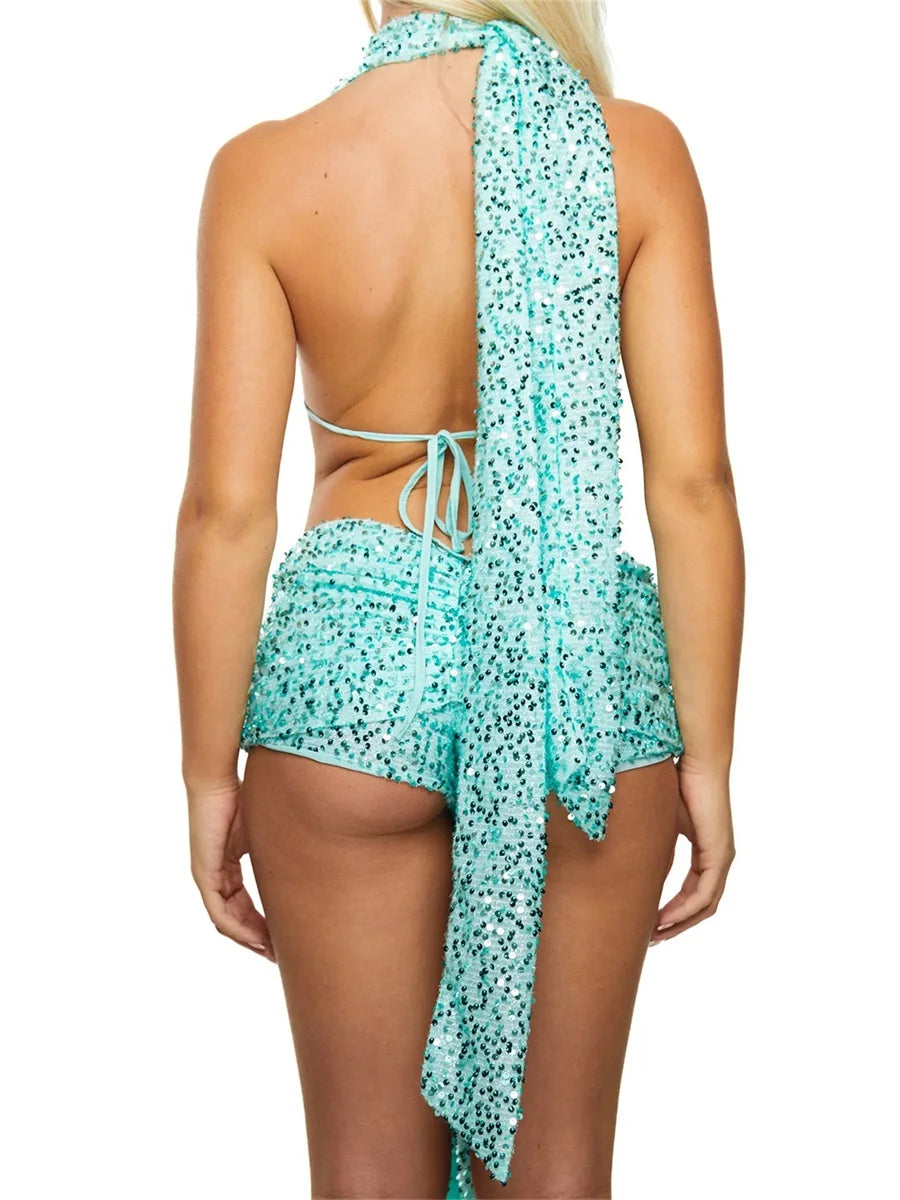 Women s Sparkling Sequins Halter Neck