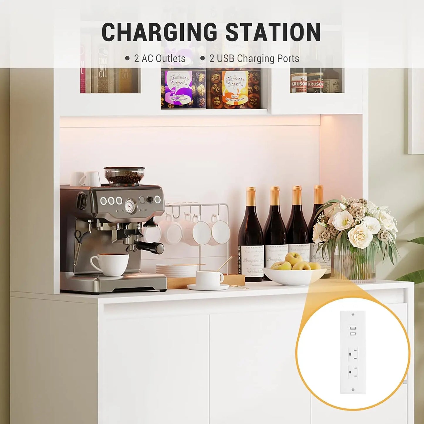 71 in Tall Kitchen Pantry Cabinet, Kitchen Storage Hutch with Led Lights and Power Outlets, Microwave Stand, Glass Door, Adjusta