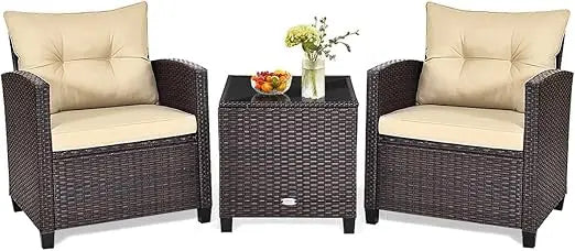 3 Pieces Patio Furniture Set Outdoor Furniture Rattan Wicker Chairs and Table Set, Washable Cushions Tempered Glass Coffee Table
