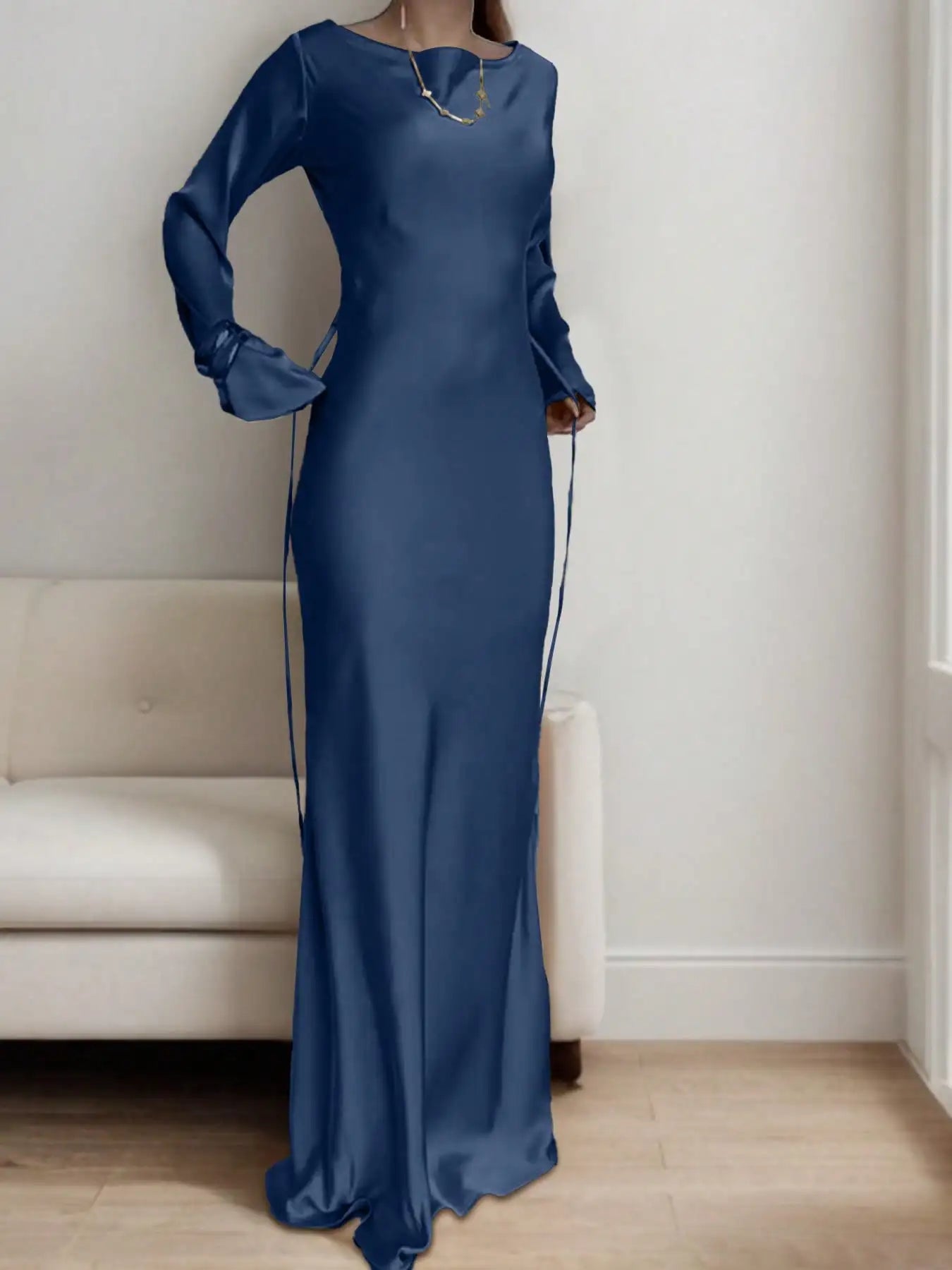 Women's Bespoke Satin Maxi Dress with Corset Waist Tie Classic Round Neck & Dramatic Flared Sleeves Luxury Evening Dress