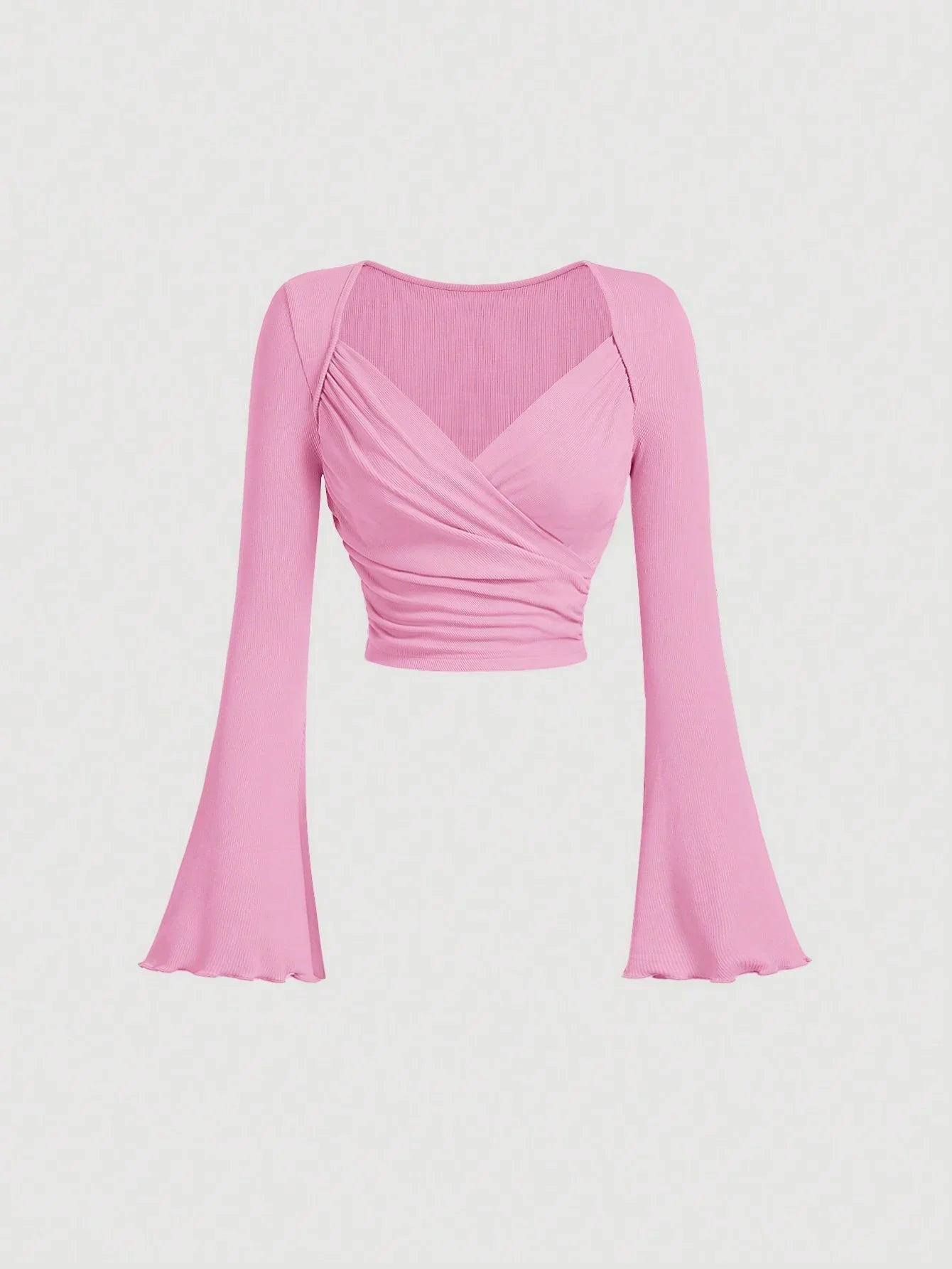 Women's casual slim solid color large V-neck short flared cuff long sleeve T-shirt