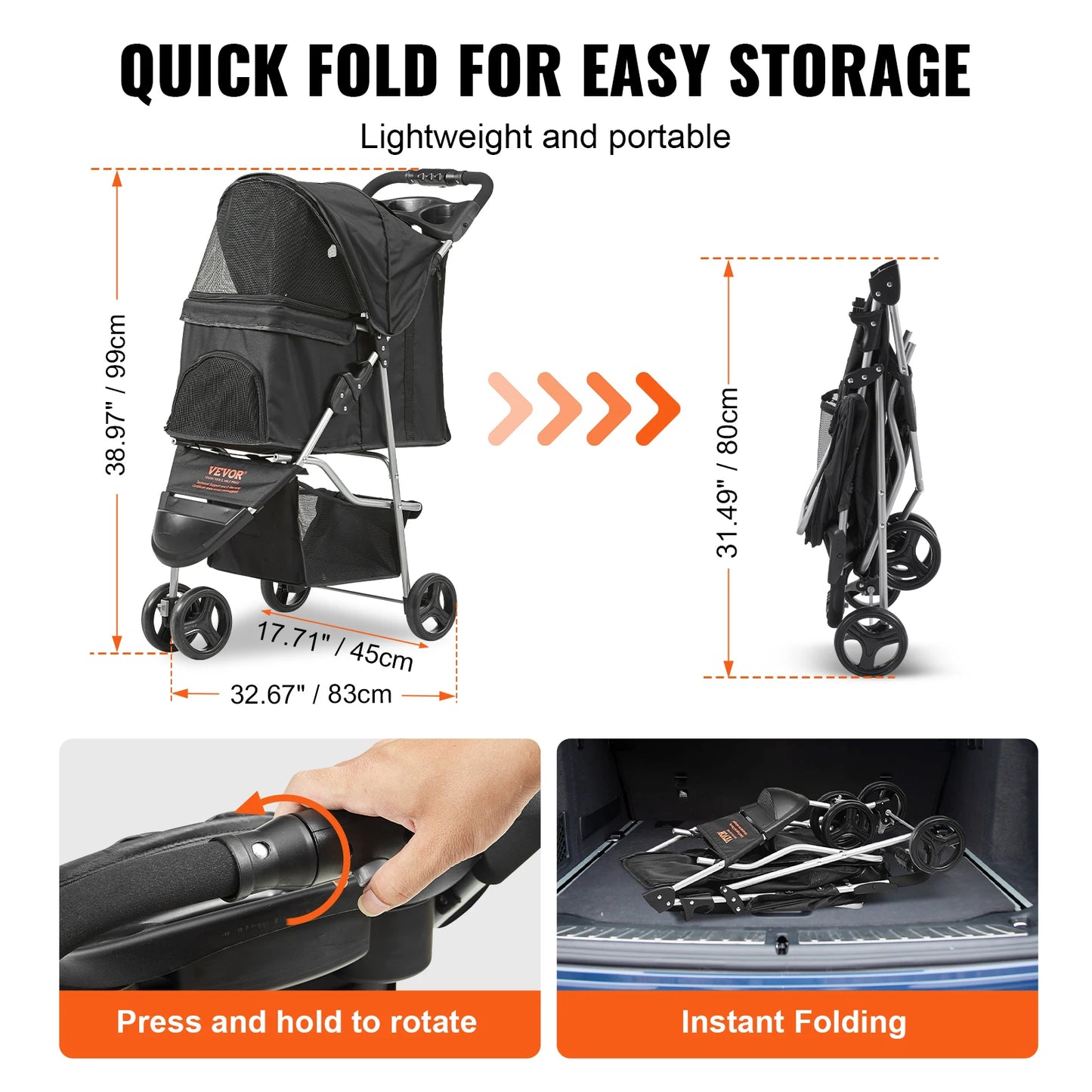 VEVOR 35lbs 3 Wheels Dog Stroller
