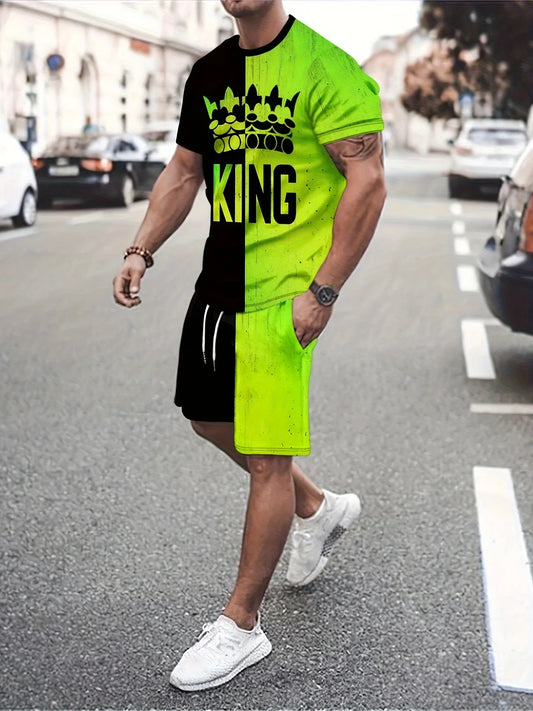 Men's trendy round neck short-sleeved shorts two-piece suit,