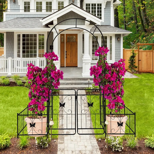 Metal Garden Arch with Gate and 2 Plant Stands, Garden Arch Trellis for Climbing Plants Outdoor, Garden Arbor