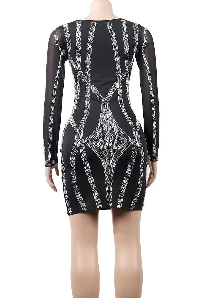 Women's Sparkle Black Rhinestone Bodycon Mini Dress Mesh Sleeve Sequins Night Dresses Special Occasion Outfits