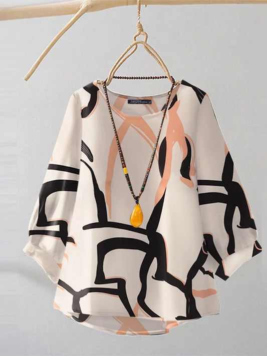 Vintage Line Printed Blouse Fashion 3/4 Sleeve Tunics Holiday Autumn Tops Casual Women Office Lady