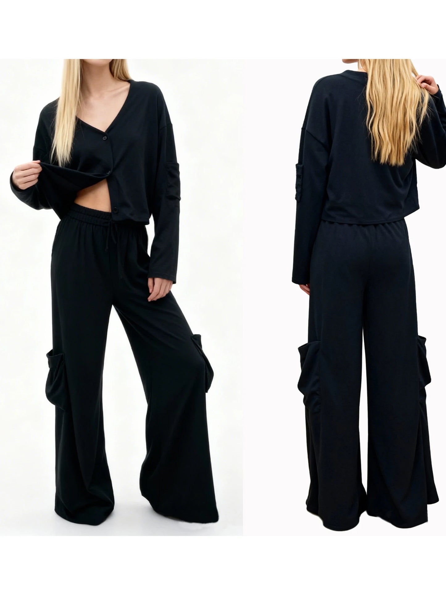 Elegant Women s Suit Stylish Blazer with Button Closure and Matching Elastic Waist Pants for a Chic 2-Piece Outfit