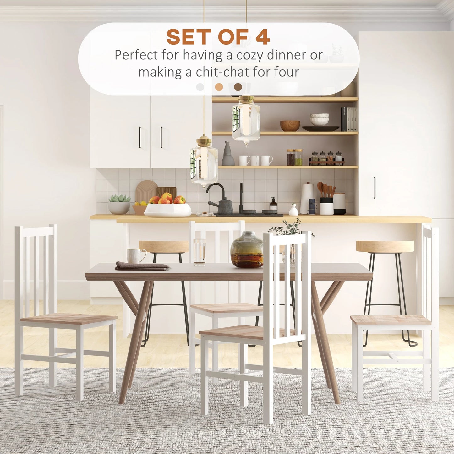 Farmhouse Dining Chairs Set of 4 with Slat Back, Pine Wood Frame