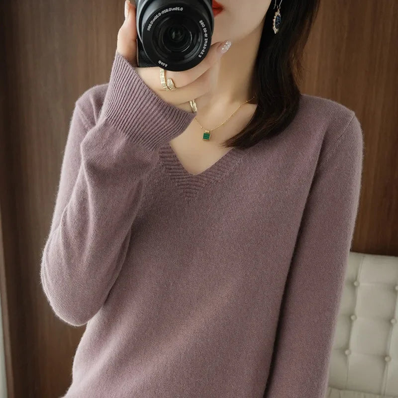 Women's Sweater 2025 Autumn Winter Knitted Pullovers V-neck Slim Fit Bottoming Shirt Solid Soft Knitwear