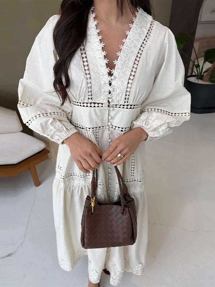 Lace Long Dresses Women Hollow Out V-neck Full Puff Sleeves Loose A line Dress Female Autumn Fashion Holiday Beachwears New