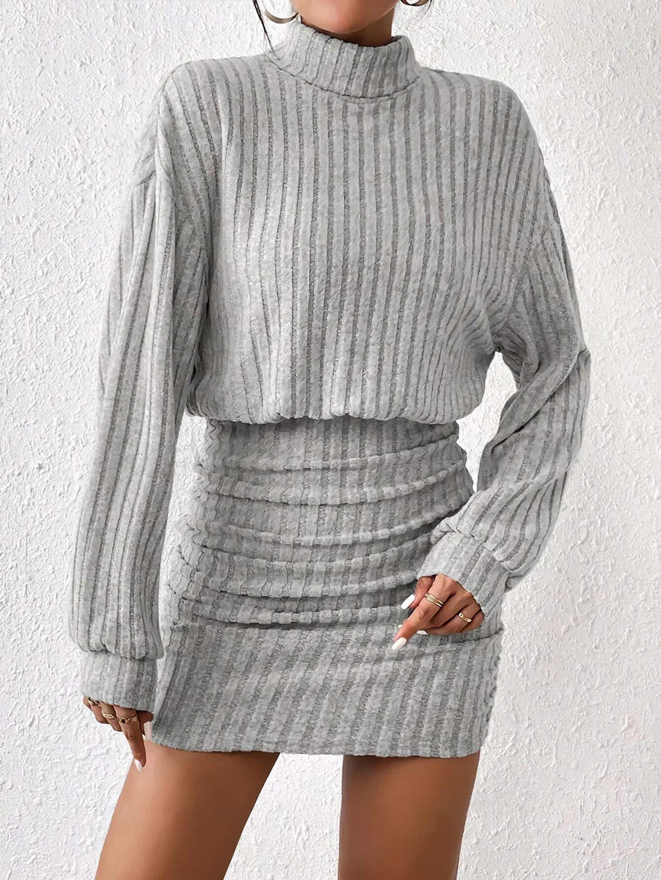 Women's Autumn Winter Fashion High Neck Knitted Sweater Dress Casual Solid Loose Long Sleeve Warm