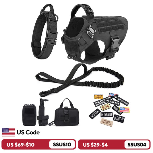 Military Large Dog Harness Collar Leash Bags Patches Set Pet Malinois Training Vests
