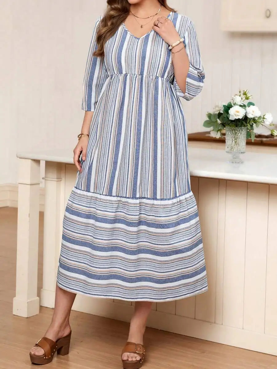 Boho Print Maxi Dress with V-Neck and 3/4 Sleeves, Loose Fit for Casual or Vacation Wear