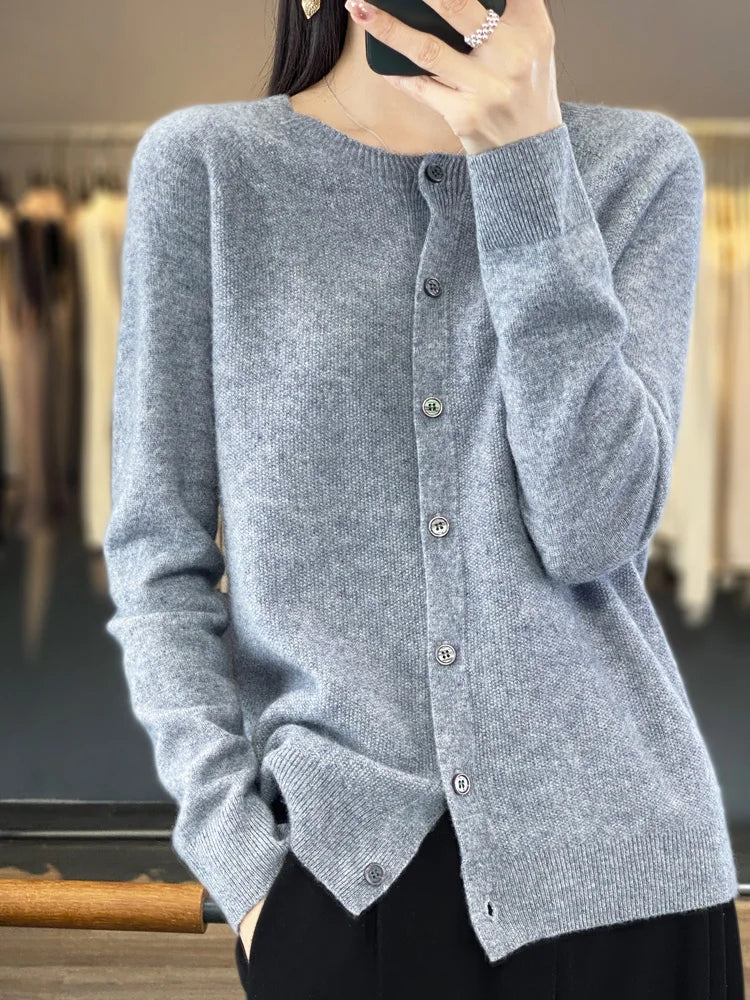 Long Sleeve 100% Merino Wool Sweaters Cashmere Cardigan Spring Autumn Women O-Neck Knitwear