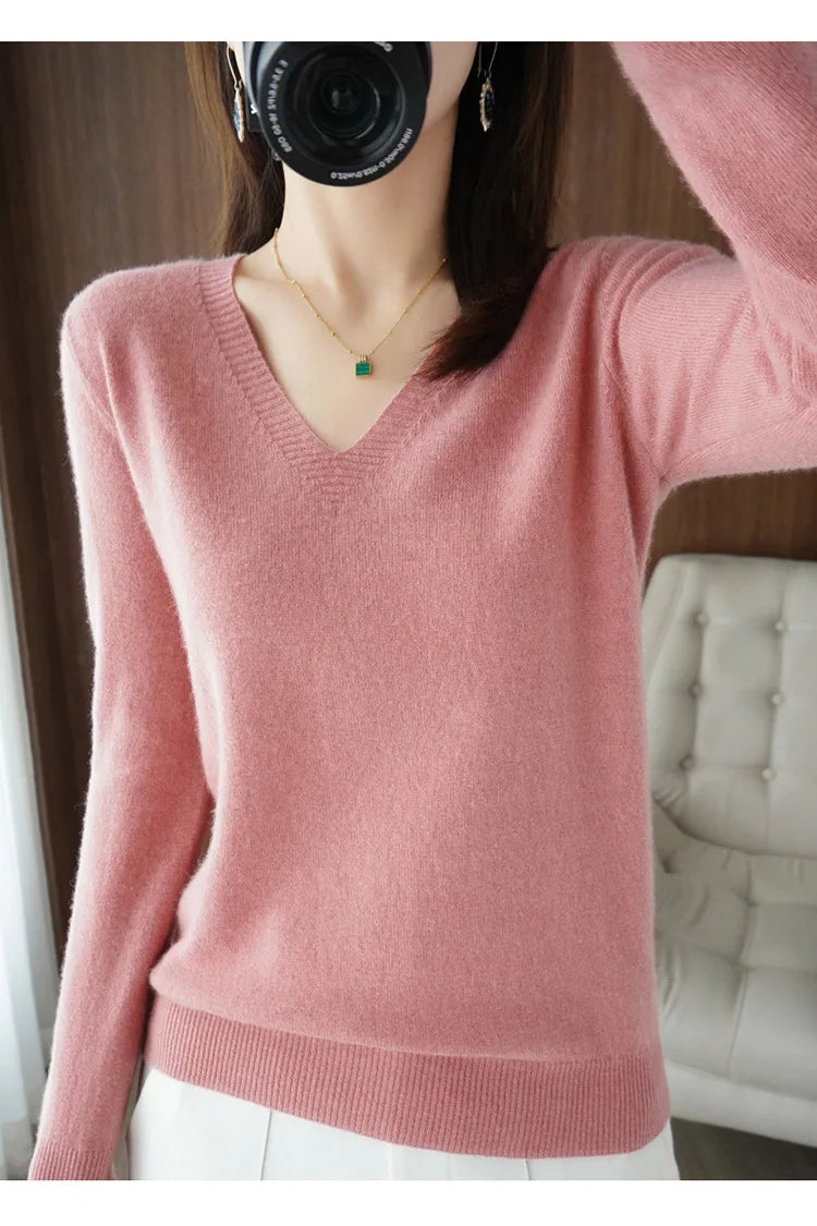 Women's Sweater 2025 Autumn Winter Knitted Pullovers V-neck Slim Fit Bottoming Shirt Solid Soft Knitwear
