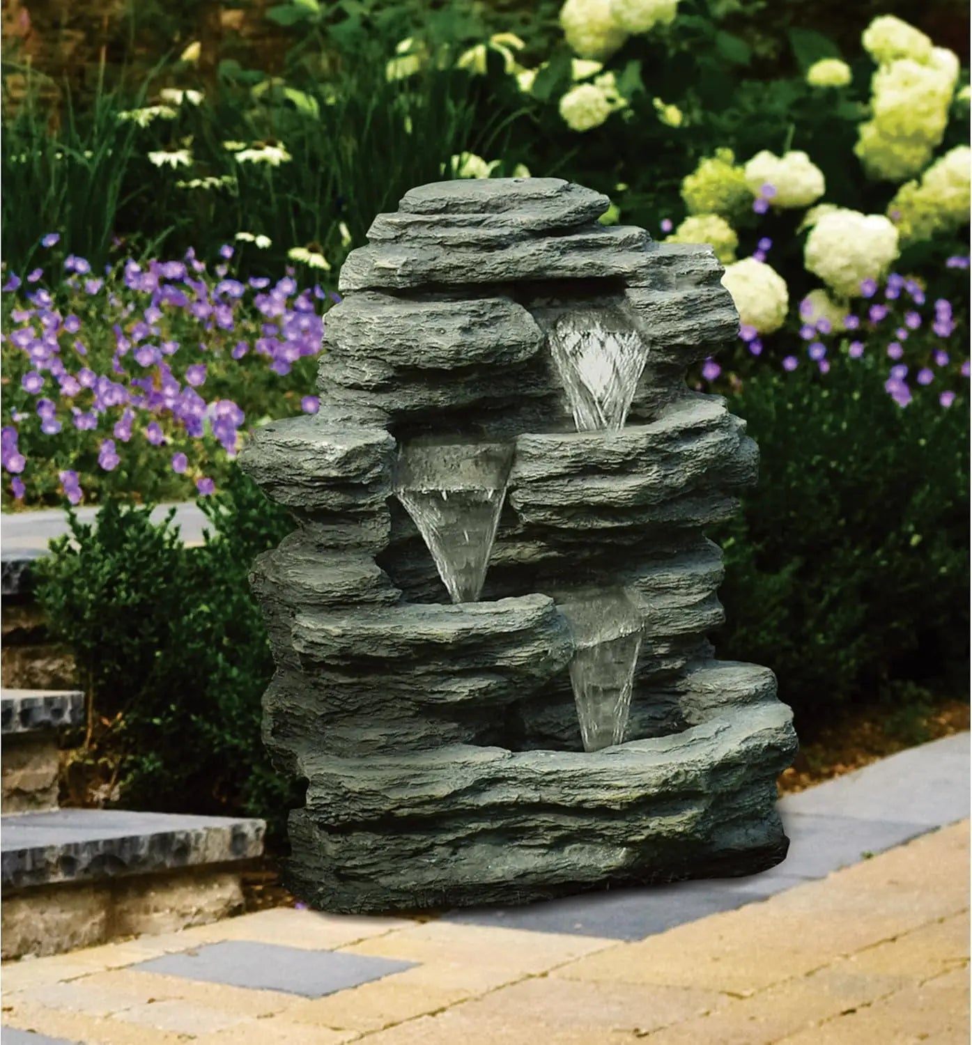 Outdoor Water Fountain With Cascading Waterfall, Natural Looking Stone and Soothing Sound for Decor on Lawn, Garden, and Patio