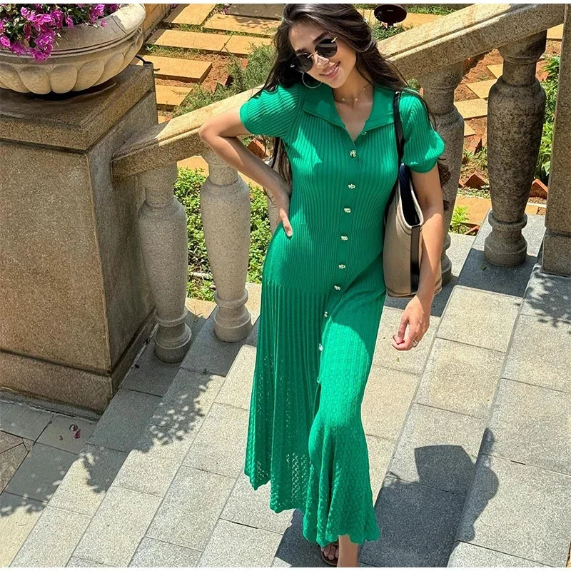 Elegant Knitted Dress Women Solid Single Breasted O Neck Short Sleeve High Waist Hip Package Dresses