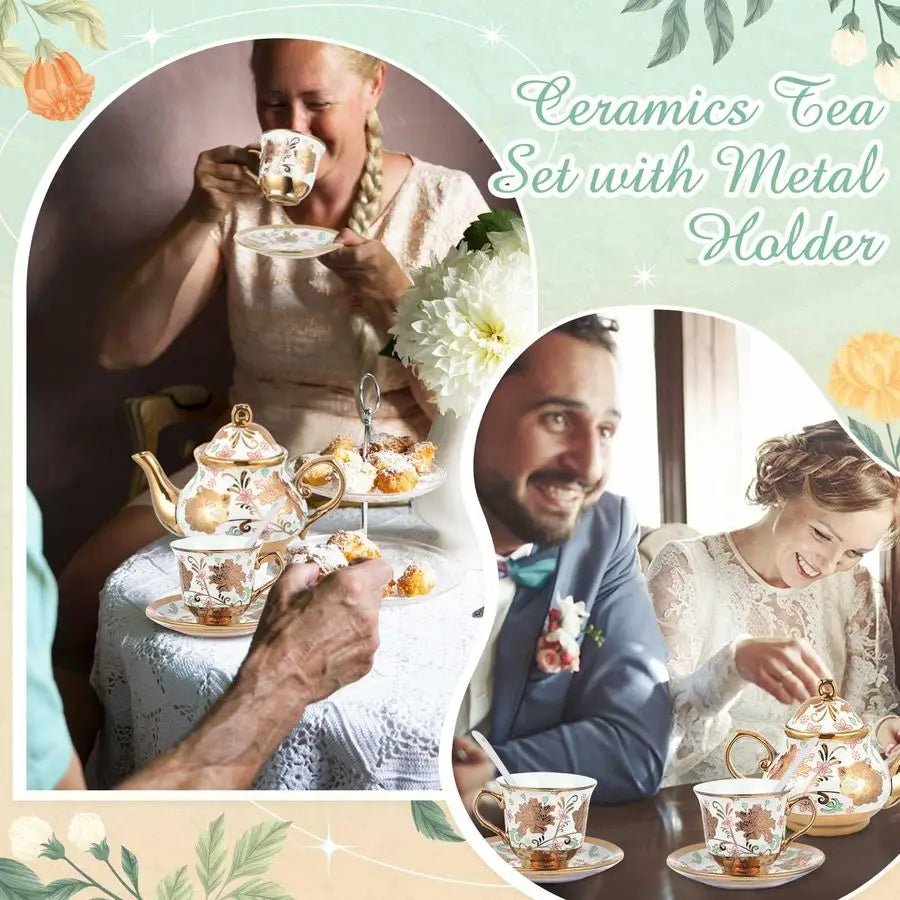 20 Pcs Porcelain Tea Set with Metal Holder and Spoon Adult Ceramic Tea Set European Flower Painting Teapot Cup Saucer