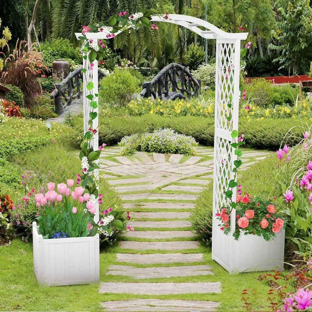 Wooden Garden Arbor with Planter - Outdoor Arbor Trellis for Climbing Plants, Roses, Vines