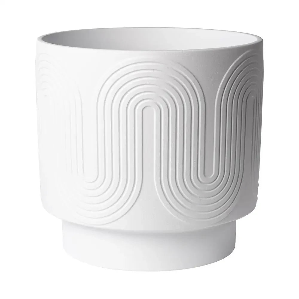 12" White Ceramic Planter Grooved Wave Design