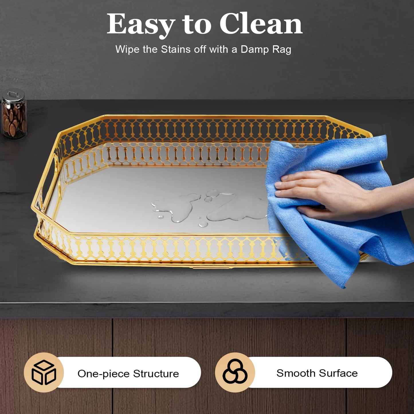 Gold Decorative Tray Rectangular Desktop Serving Vanity Tray Modern Iron Glass Electroplated Tabletop