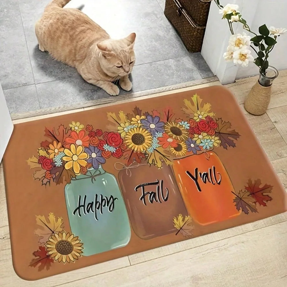 1pc "Happy Fall Y'all" autumn flowers leaves pattern rubber floor mat water-absorbent non-slip bathroom kitchen Autumn decor