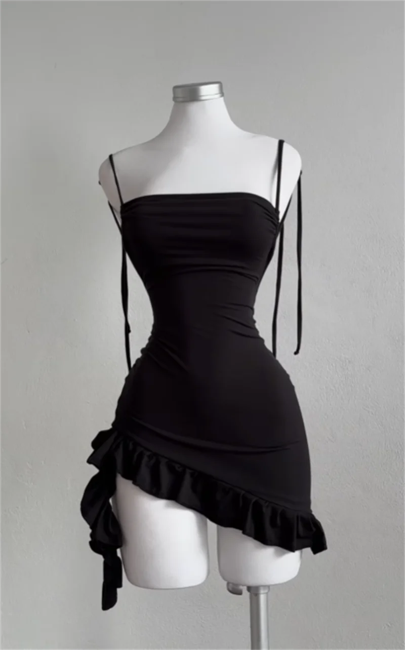 Sleeveless Backless Ruffles Mini Dress Women Summer  Lace Up Black Bodycon Dresses Party Club Streetwear  New Sundress