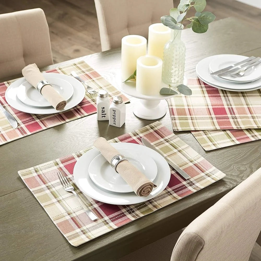 Reusable Cotton Fabric Placemat Set 13x19 Rustic Homespun Plaid Perfect Fall Thanksgiving Dining Table Decor 4 Pieces
